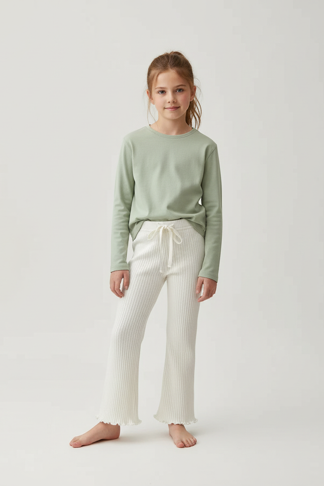 Pantalon Blanc Côtelé Évasé Volants Coton Confortable - Maille