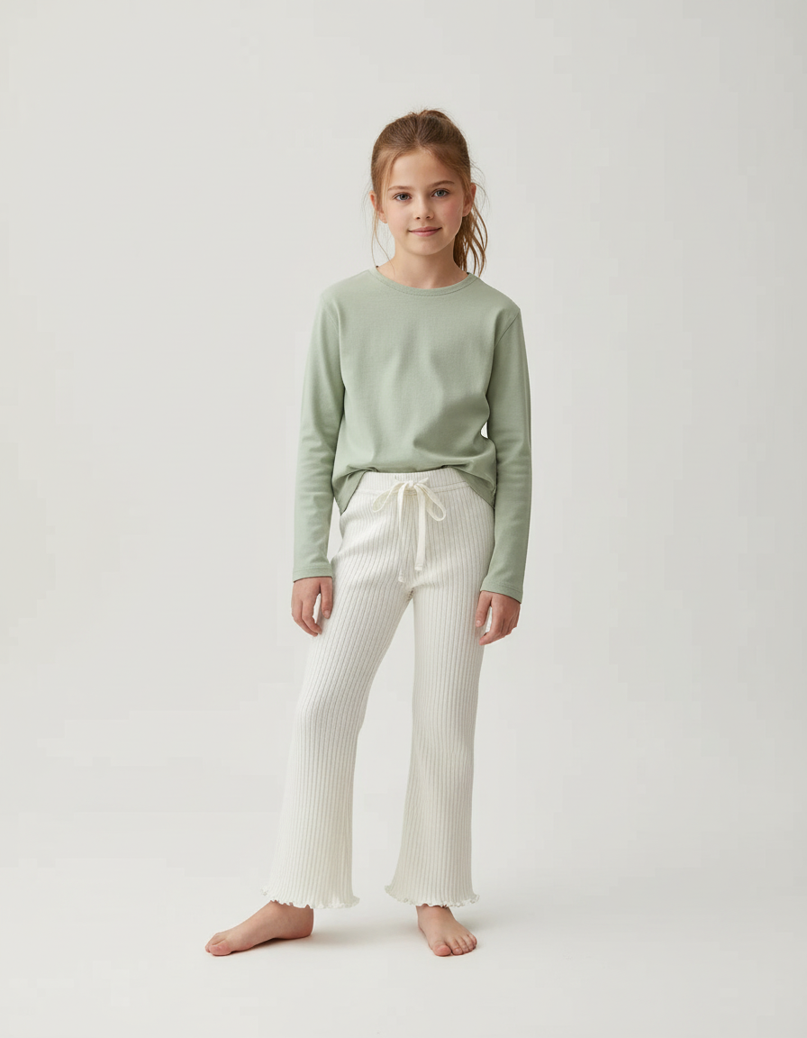 Pantalon Blanc Côtelé Évasé Volants Coton Confortable - Maille