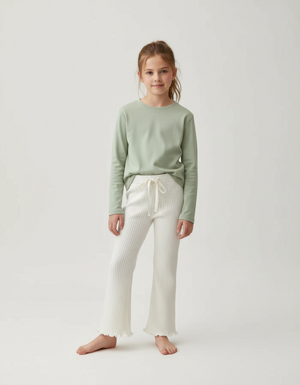 Pantalon Blanc Côtelé Évasé Volants Coton Confortable - Maille