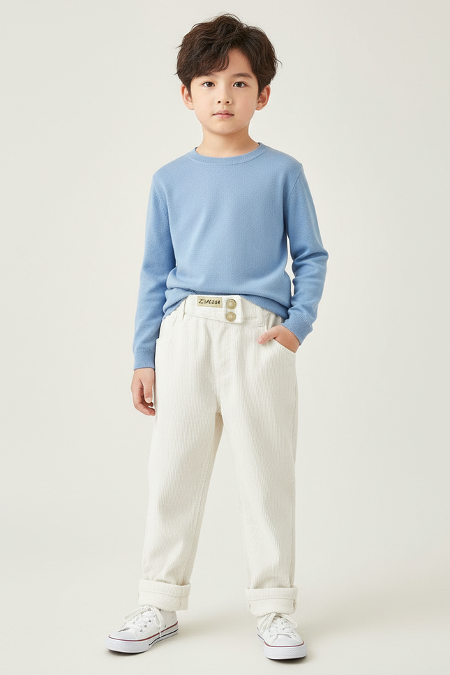 Pantalon Blanc Côtelé Décontracté Ample Enfant Hiver - Cordé