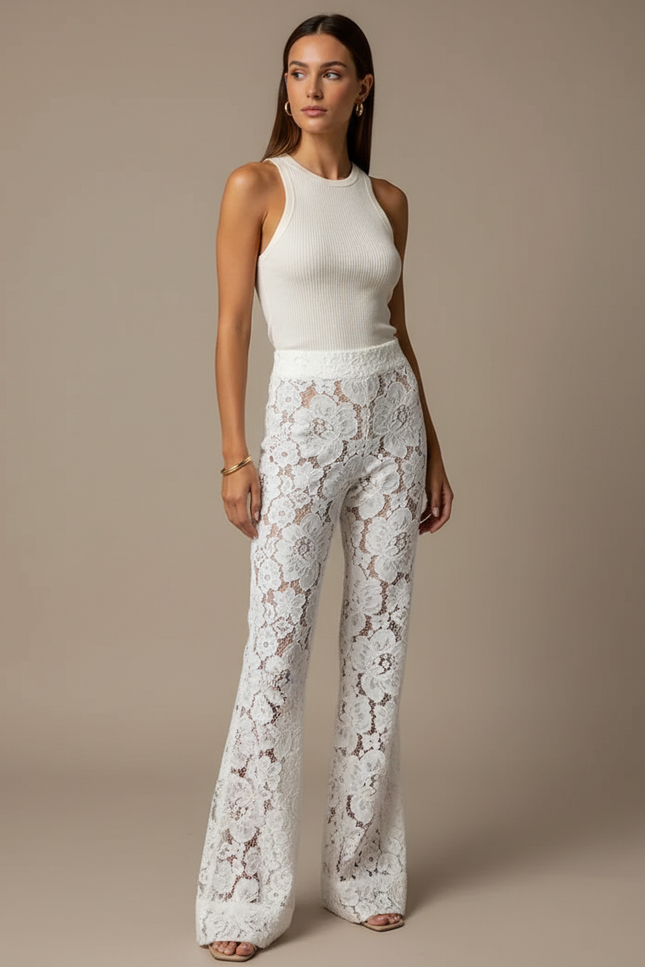 Pantalon Blanc Dentelle Évasé Taille Haute Élégant Fluide - Polyester