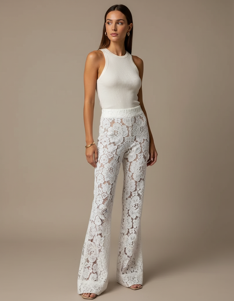 Pantalon Blanc Dentelle Évasé Taille Haute Élégant Fluide - Polyester