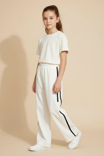 Pantalon Blanc Ample Décontracté Rayures Noires - Polyester