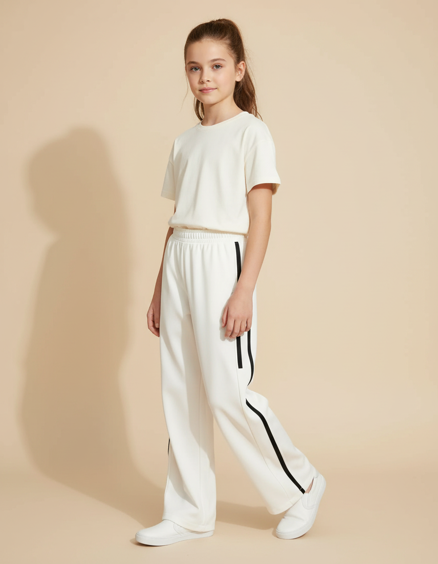 Pantalon Blanc Ample Décontracté Rayures Noires - Polyester