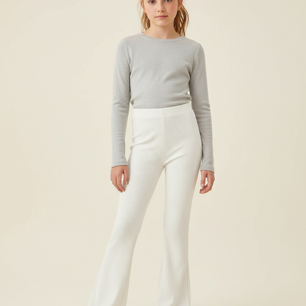 Pantalon Blanc Côtelé Évasé Taille Haute Confortable - Maille