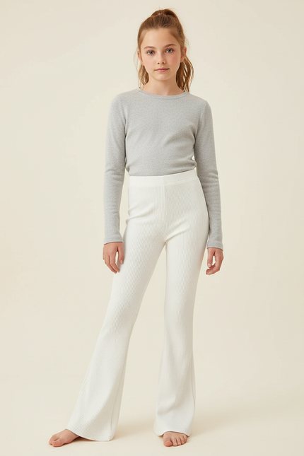 Pantalon Blanc Côtelé Évasé Taille Haute Confortable - Maille