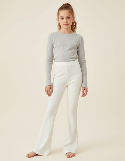 Pantalon Blanc Côtelé Évasé Taille Haute Confortable - Maille