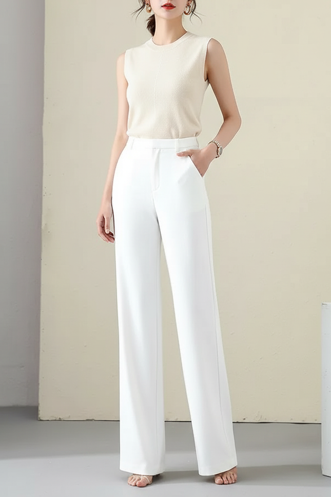 Pantalon Blanc Fluide Droit Taille Haute Femme - Polyester