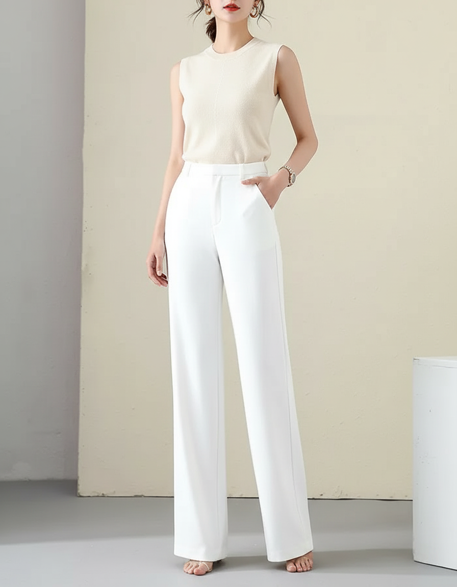 Pantalon Blanc Fluide Droit Taille Haute Femme - Polyester
