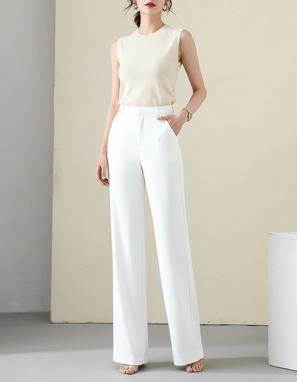 Pantalon Blanc Fluide Droit Taille Haute Femme - Polyester