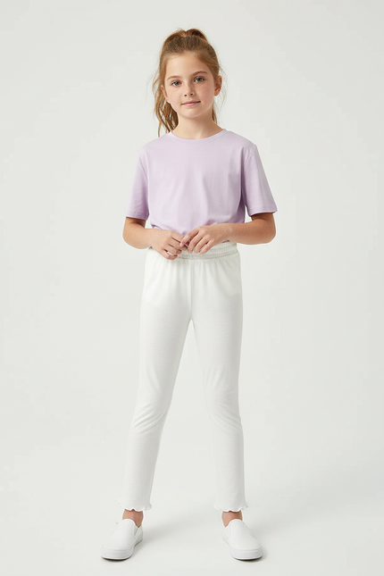Pantalon Blanc Fille Coton Stretch Scallopé Confortable