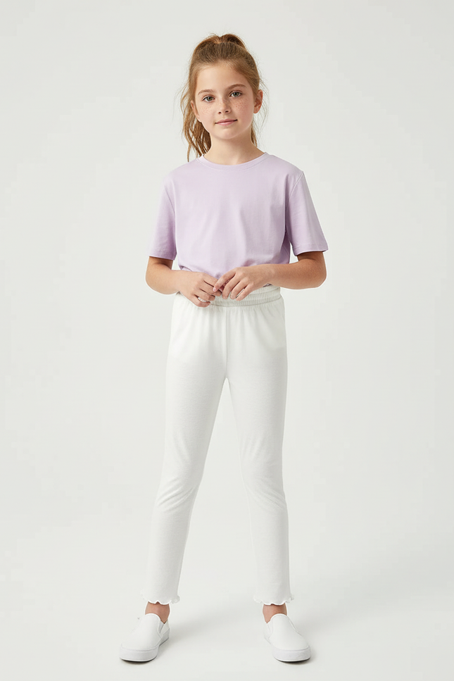 Pantalon Blanc Fille Coton Stretch Scallopé Confortable
