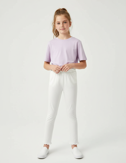 Pantalon Blanc Fille Coton Stretch Scallopé Confortable