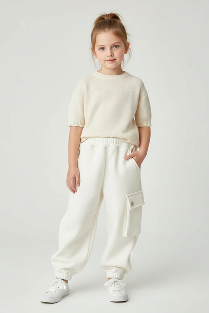 Pantalon Blanc Cargo Molletonné Chaud Enfant Fille Garçon