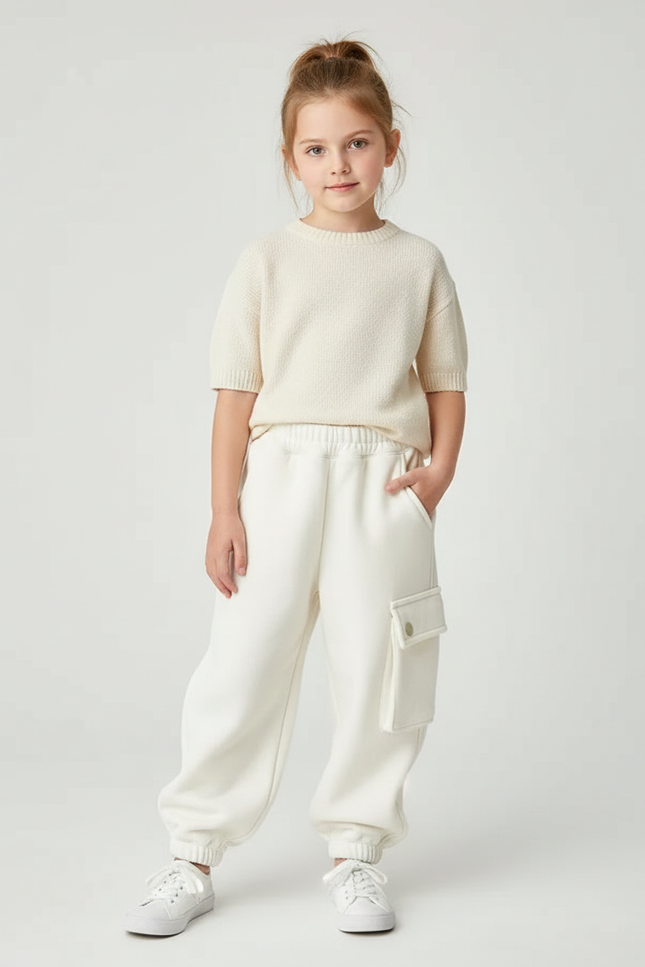 Pantalon Blanc Cargo Molletonné Chaud Enfant Fille Garçon