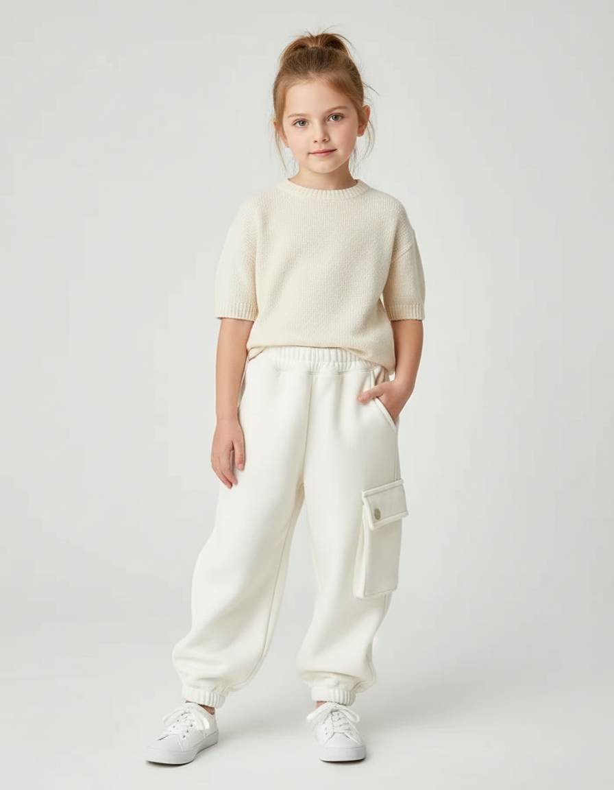 Pantalon Blanc Cargo Molletonné Chaud Enfant Fille Garçon