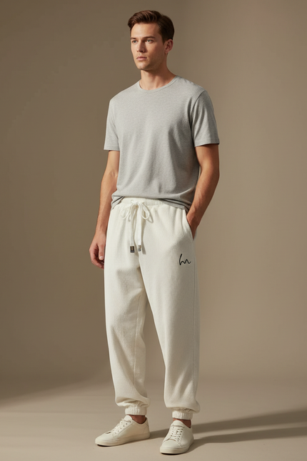 Pantalon Blanc Côtelé Ample Décontracté Homme Brodé - Cordé