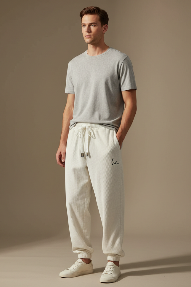 Pantalon Blanc Côtelé Ample Décontracté Homme Brodé - Cordé