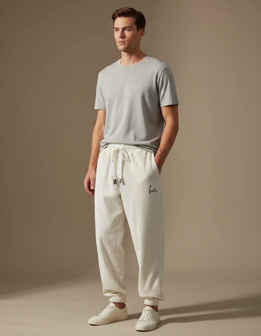 Pantalon Blanc Côtelé Ample Décontracté Homme Brodé - Cordé