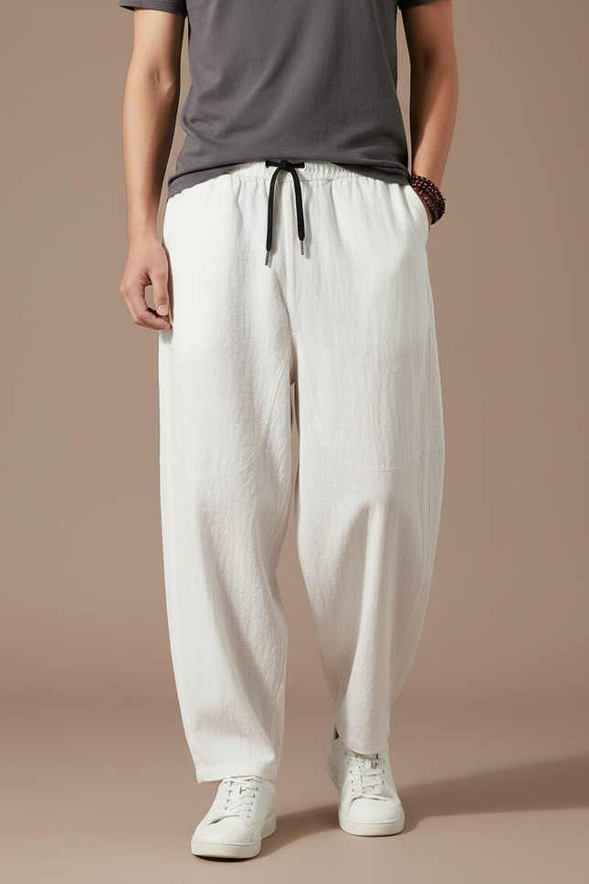 Pantalon Blanc Ample Lin Décontracté Homme Cordon