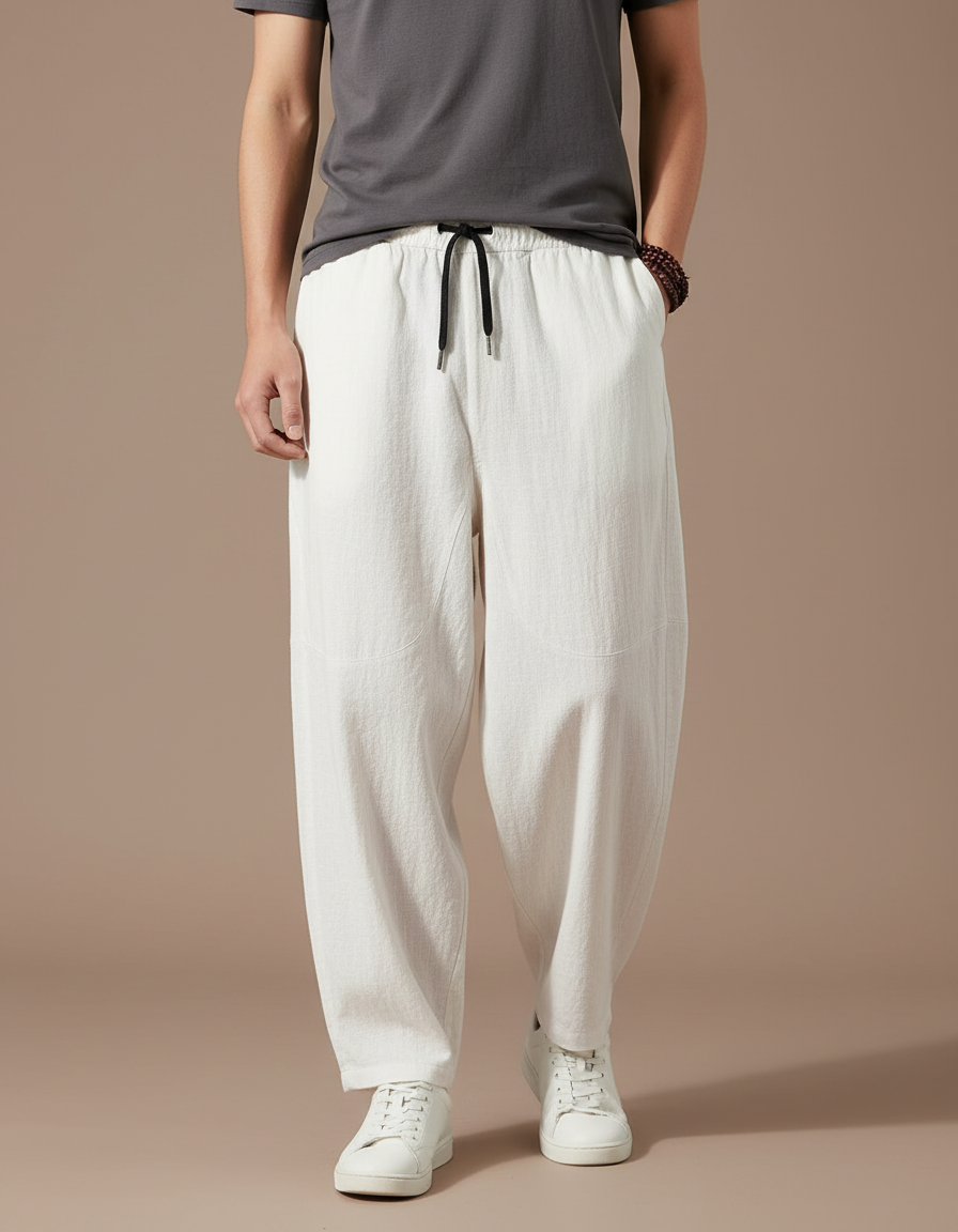 Pantalon Blanc Ample Lin Décontracté Homme Cordon