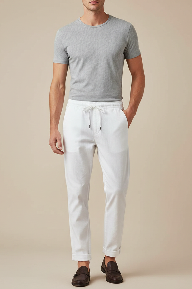 Pantalon Blanc Coton Décontracté Cordon Homme Coupe Droite