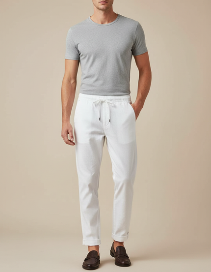 Pantalon Blanc Coton Décontracté Cordon Homme Coupe Droite