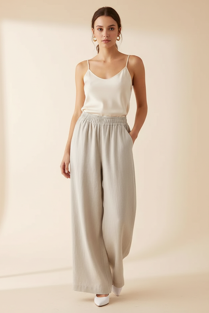 Pantalon Blanc Lin Coton Ample Fluide Décontracté Femme - Gris