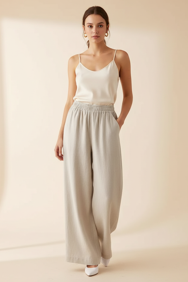 Pantalon Blanc Lin Coton Ample Fluide Décontracté Femme - Gris