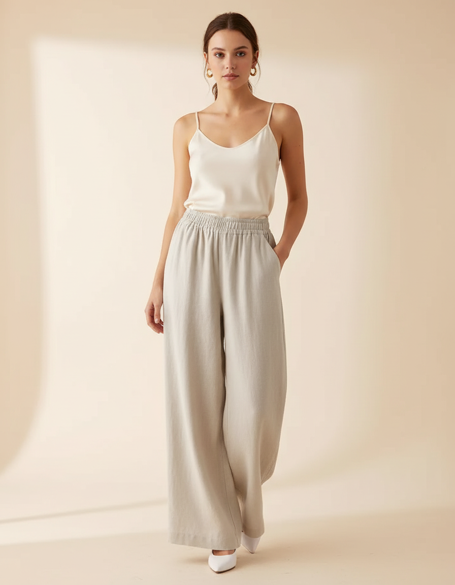Pantalon Blanc Lin Coton Ample Fluide Décontracté Femme - Gris