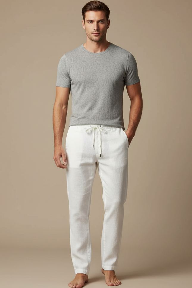 Pantalon Blanc Lin Décontracté Homme Cordon Ajustable