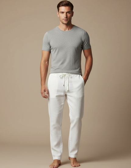 Pantalon Blanc Lin Décontracté Homme Cordon Ajustable