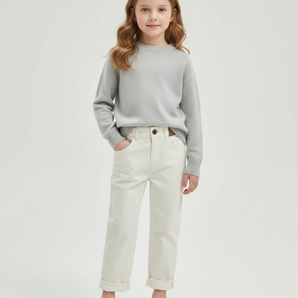 Pantalon Blanc Fille Droit Décontracté Uni - Jean