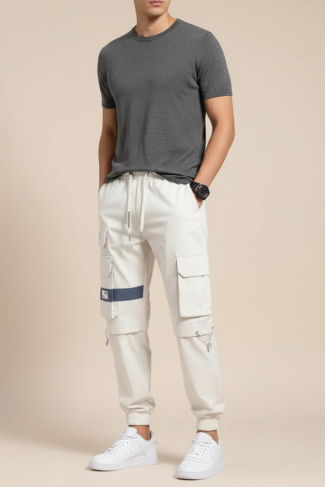 Pantalon Blanc Cargo Ample Multi-Poches Homme - Toile