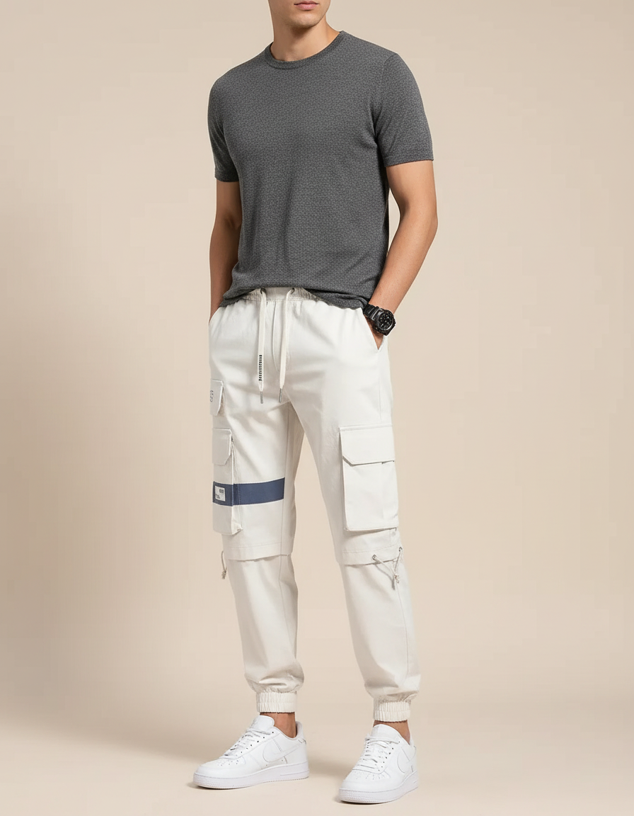 Pantalon Blanc Cargo Ample Multi-Poches Homme - Toile