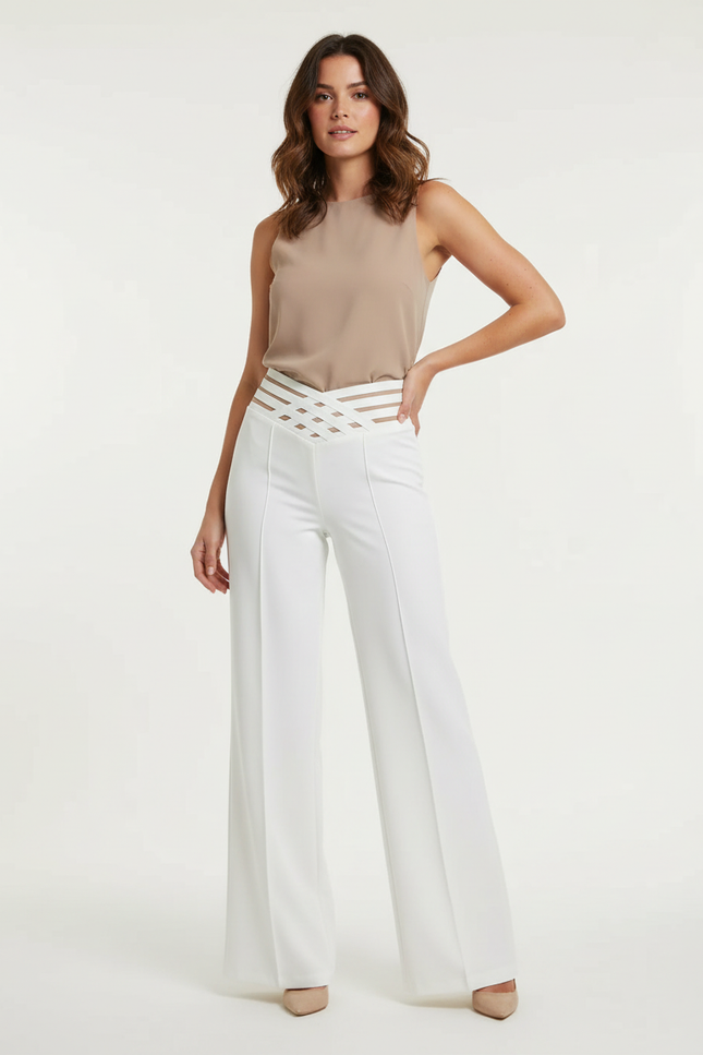 Pantalon Blanc Taille Haute Évasé Élégant Femme - Polyester