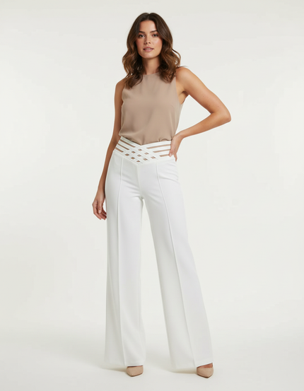 Pantalon Blanc Taille Haute Évasé Élégant Femme - Polyester