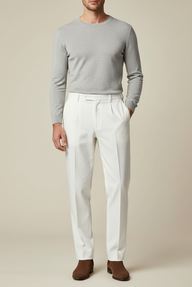 Pantalon Blanc Homme Droit Plissé Élégant Décontracté - Gabardine