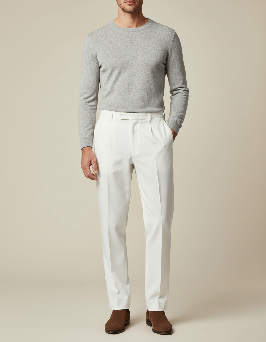 Pantalon Blanc Homme Droit Plissé Élégant Décontracté - Gabardine