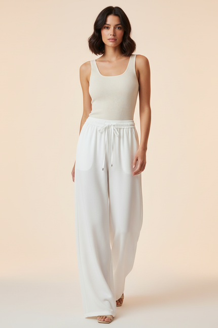 Pantalon Blanc Ample Fluide Cordon Décontracté Femme - Viscose