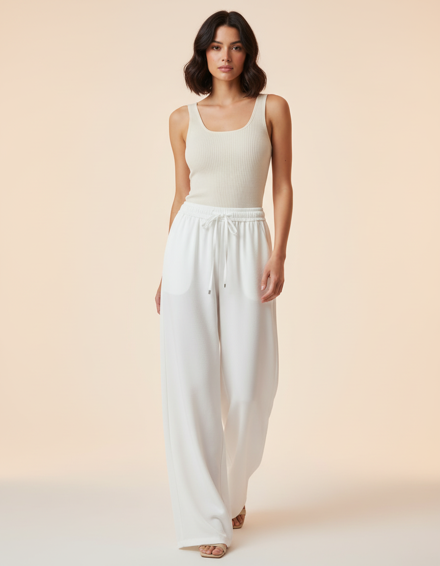 Pantalon Blanc Ample Fluide Cordon Décontracté Femme - Viscose