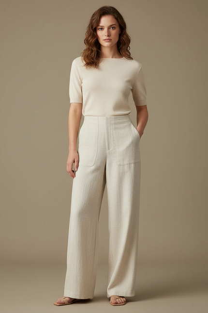 Pantalon Blanc Lin Large Taille Haute Chic - Beige