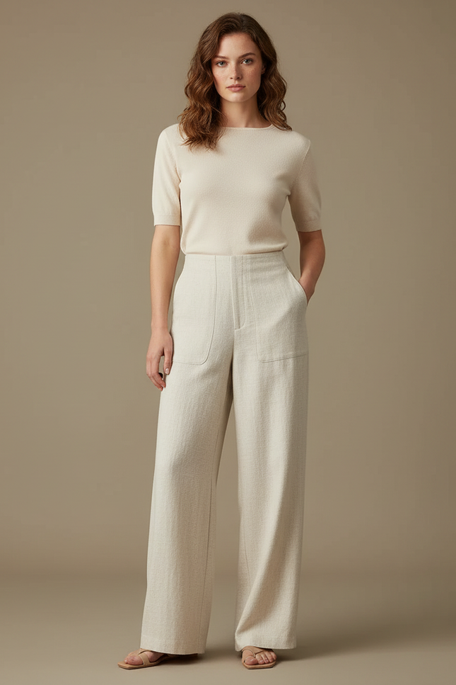 Pantalon Blanc Lin Large Taille Haute Chic - Beige