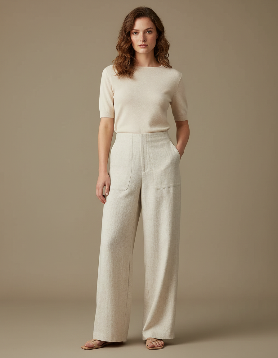 Pantalon Blanc Lin Large Taille Haute Chic - Beige