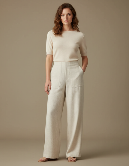 Pantalon Blanc Lin Large Taille Haute Chic - Beige