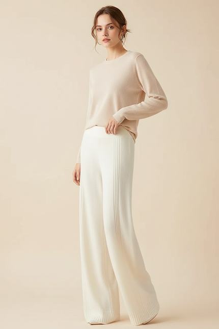 Pantalon Blanc Tricoté Ample Confortable Femme Fluide - Maille