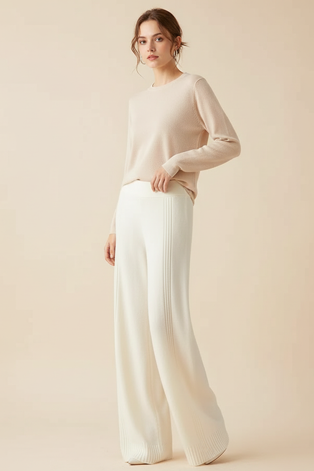 Pantalon Blanc Tricoté Ample Confortable Femme Fluide - Maille