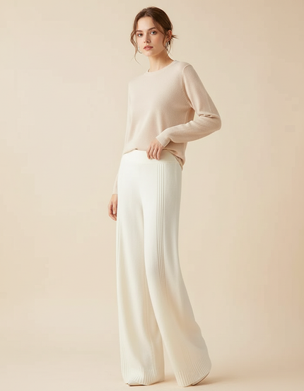 Pantalon Blanc Tricoté Ample Confortable Femme Fluide - Maille