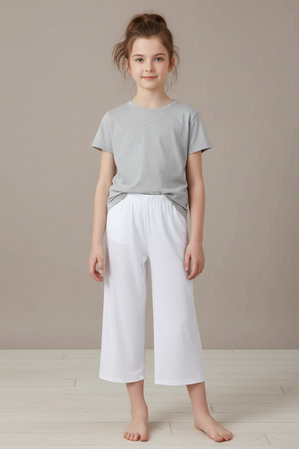 Pantalon Blanc Ample Court Décontracté Fille - Polyester