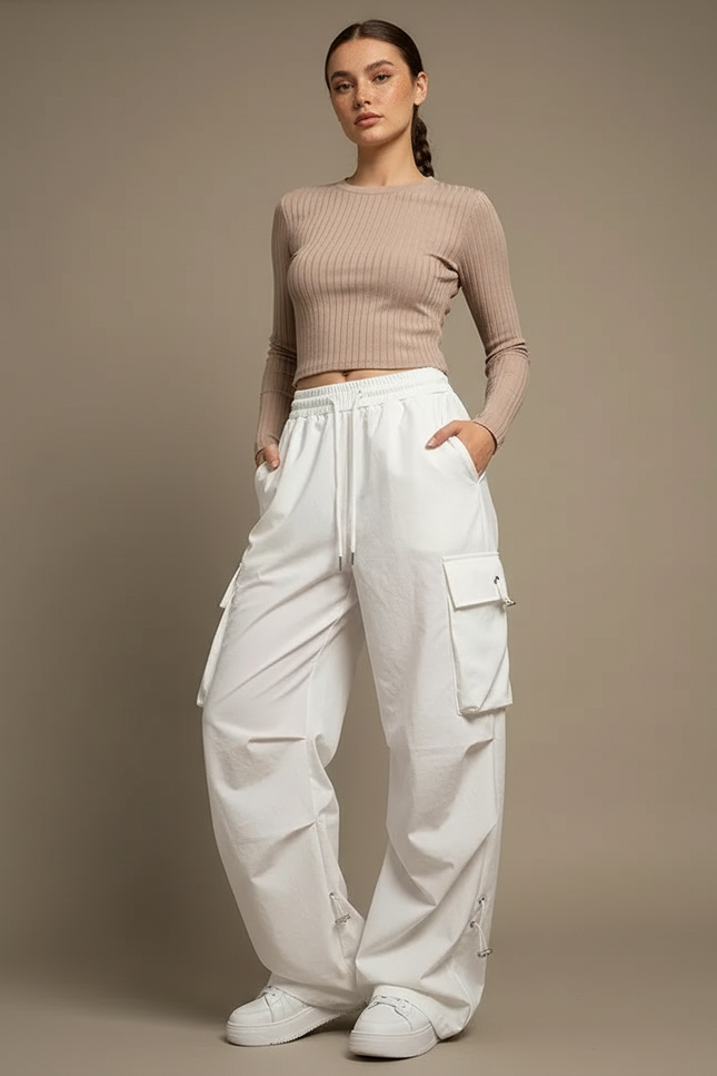 Pantalon Blanc Cargo Ample Décontracté Femmes - Toile